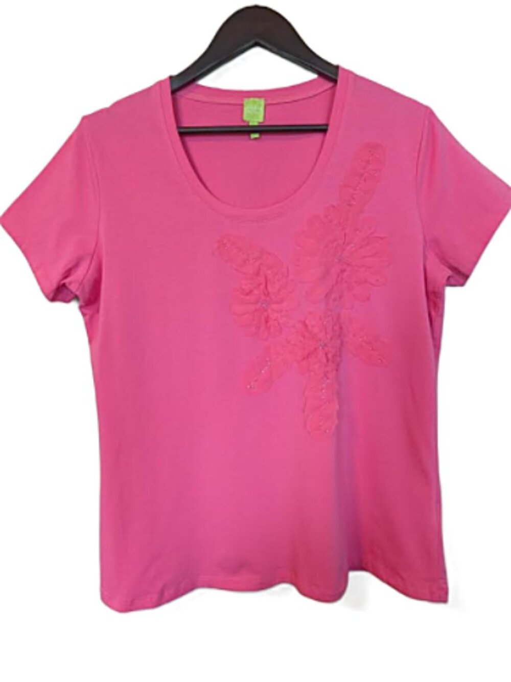 Hot Pink Floral Embellished Cotton Tee Top Adam Jacobs Size Large NWOT